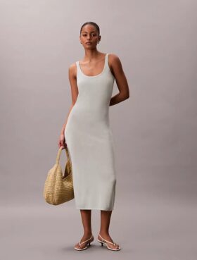 Abito midi in misto lino con scollo rotondo