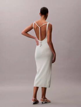 Abito midi in misto lino con scollo rotondo