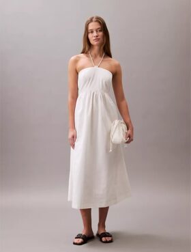 Abito midi in twill di cotone con scollo all’americana