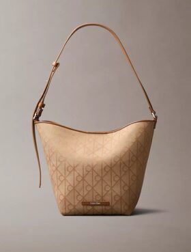 Borsa a secchiello in jacquard con logo su tutta la superficie e tasca interna