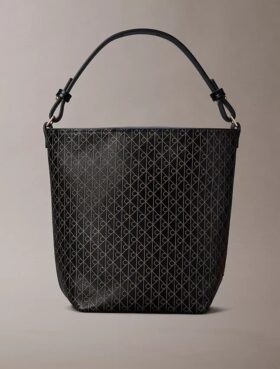 Borsa a secchiello piccola con logo su tutta la superficie e pochette