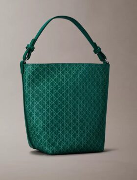 Borsa a secchiello piccola con logo su tutta la superficie e pochette