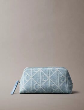 Borsa da toilette in Denim con logo su tutta la superficie
