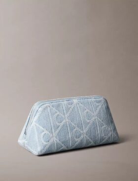 Borsa da toilette in Denim con logo su tutta la superficie