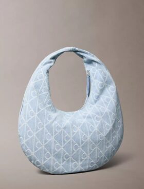 Borsa Hobo in Denim con logo emblema su tutta la superficie