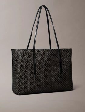 Borsa tote con logo emblema su tutta la superficie e tasca interna