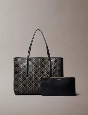 Borsa tote piccola con logo emblema su tutta la superficie e tasca interna
