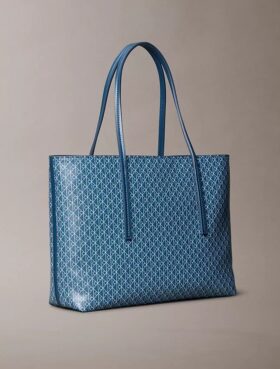 Borsa tote piccola con logo emblema su tutta la superficie e tasca interna