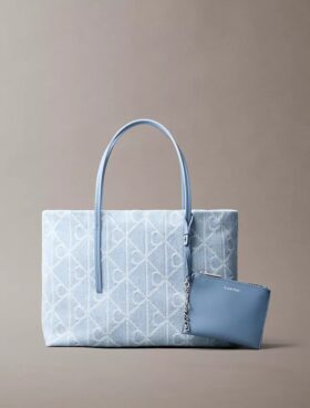 Borsa tote piccola in Denim con logo Emblem su tutta la superficie