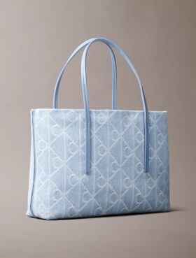 Borsa tote piccola in Denim con logo Emblem su tutta la superficie