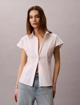 Camicia a maniche corte in popeline di cotone con colletto button-down