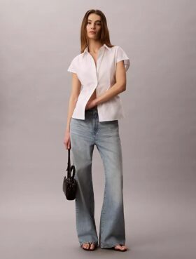 Camicia a maniche corte in popeline di cotone con colletto button-down