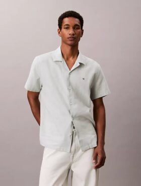 Camicia button-down a maniche corte in lino e cotone