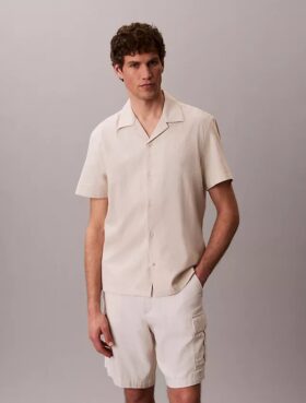 Camicia button-down a maniche corte in lino e cotone