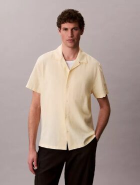 Camicia button-down a maniche corte in lino e cotone