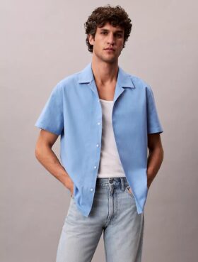 Camicia button-down a maniche corte in lino e cotone