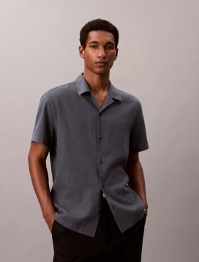 Camicia button-down a maniche corte in lino e cotone