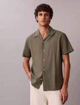 Camicia button-down a maniche corte in lino e cotone