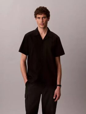 Camicia button-down a maniche corte in lino e cotone