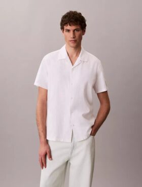 Camicia button-down a maniche corte in lino e cotone