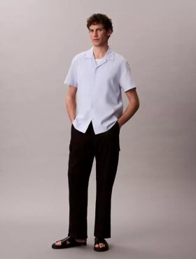 Camicia button-down a maniche corte in lino e cotone