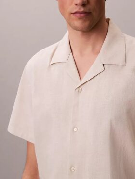 Camicia button-down a maniche corte in lino e cotone