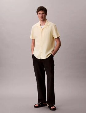 Camicia button-down a maniche corte in lino e cotone