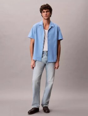 Camicia button-down a maniche corte in lino e cotone