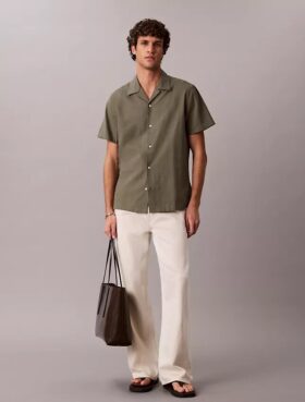 Camicia button-down a maniche corte in lino e cotone
