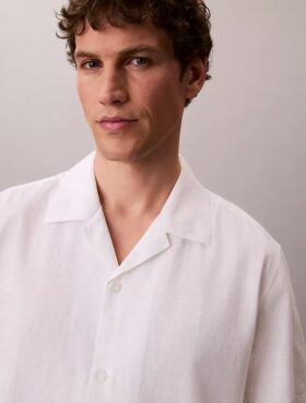 Camicia button-down a maniche corte in lino e cotone