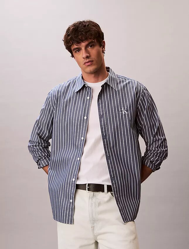 Camicia button-down in popeline lavato a righe Camicia button-down in popeline lavato a righe