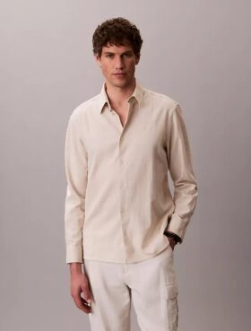 Camicia classica in lino e cotone con colletto button-down