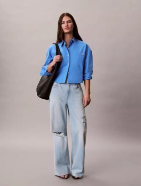 Camicia corta squadrata in popeline di cotone con bottoni