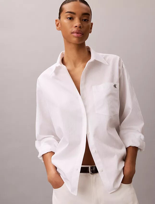 Camicia in popeline di cotone con logo jacquard Camicia in popeline di cotone con logo jacquard