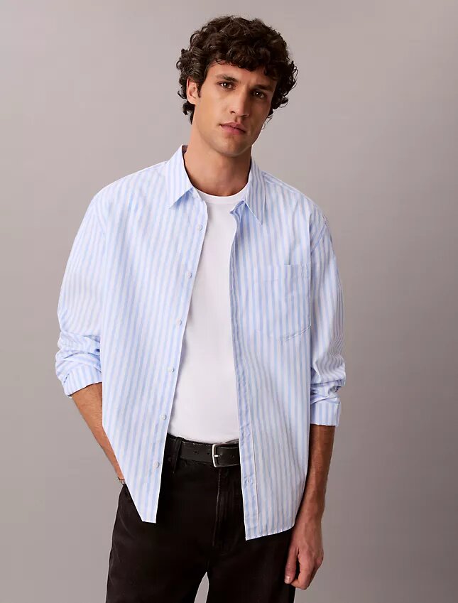 Camicia in popeline lavato a righe tinte in filo Camicia in popeline lavato a righe tinte in filo