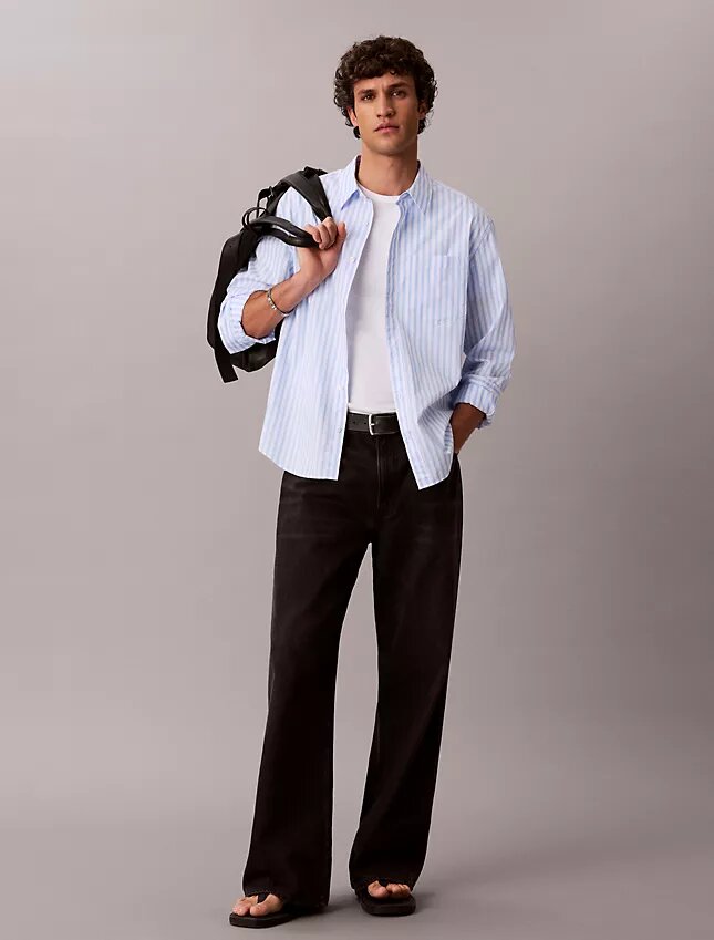 Camicia in popeline lavato a righe tinte in filo Camicia in popeline lavato a righe tinte in filo
