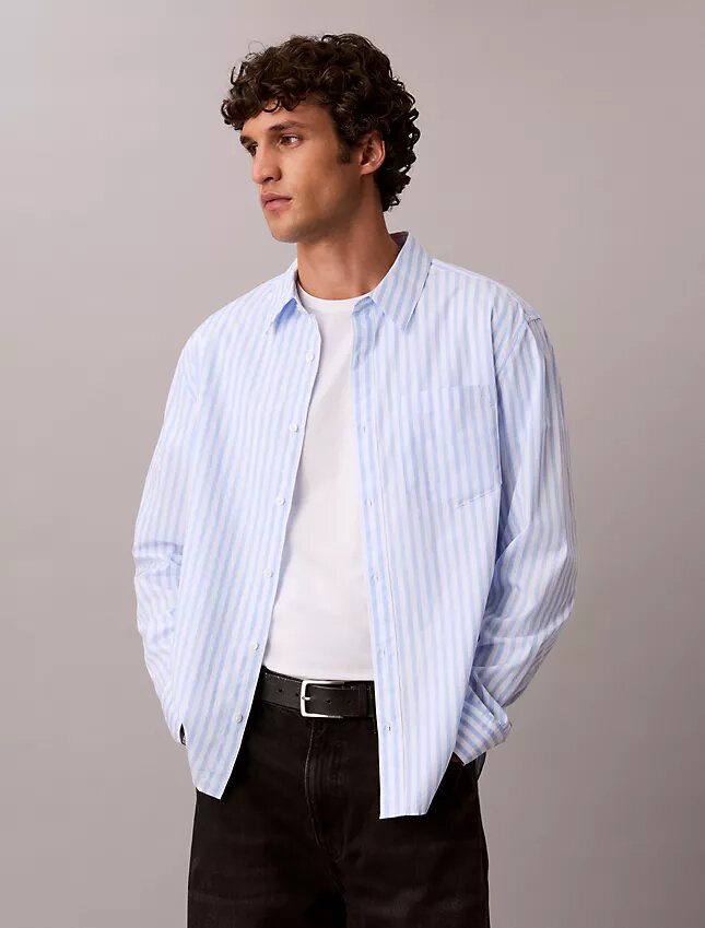 Camicia in popeline lavato a righe tinte in filo Camicia in popeline lavato a righe tinte in filo