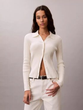 Cardigan polo in cotone a costine liscio