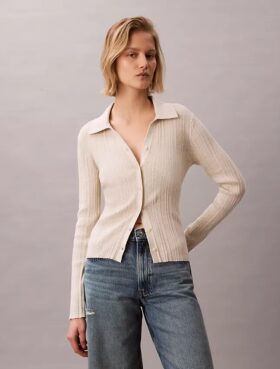 Cardigan polo in cotone a costine liscio