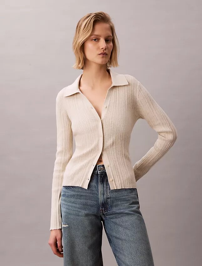 Cardigan polo in cotone a costine liscio Cardigan polo in cotone a costine liscio