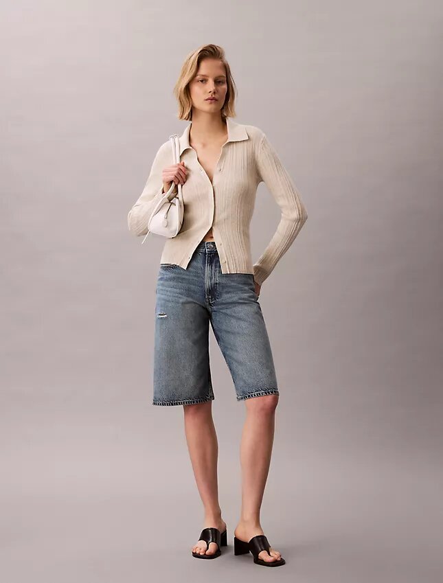 Cardigan polo in cotone a costine liscio Cardigan polo in cotone a costine liscio