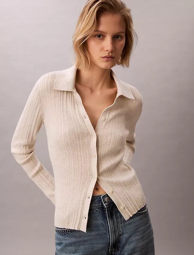 Cardigan polo in cotone a costine liscio Cardigan polo in cotone a costine liscio