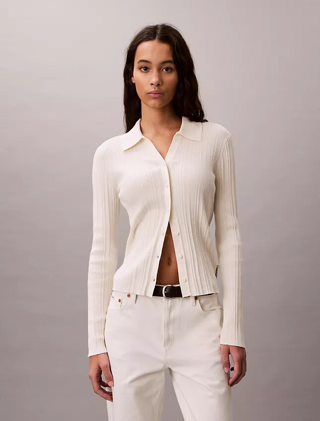Cardigan polo in cotone a costine liscio Cardigan polo in cotone a costine liscio
