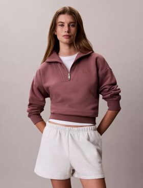Felpa in pile con monogramma e zip a un quarto