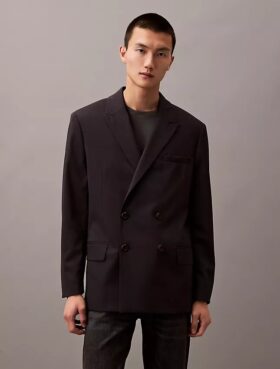 Giacca blazer doppiopetto in misto gabardine di lana