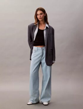 Jeans a gamba larga in misto lino
