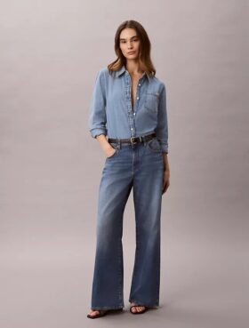 Jeans a gamba larga in misto lino