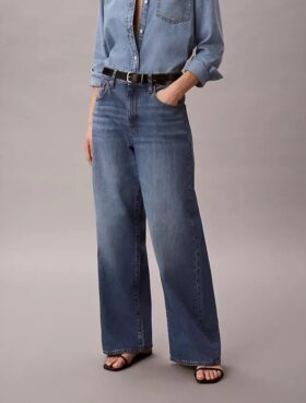 Jeans a gamba larga in misto lino