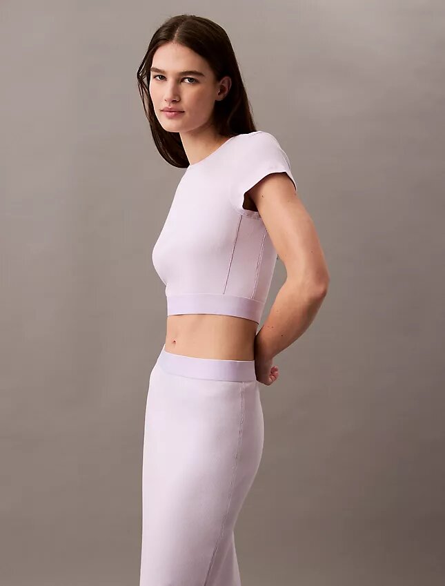 Maglietta corta in cotone Stretch a costine Maglietta corta in cotone Stretch a costine