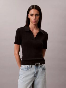Maglietta polo in cotone a costine liscio